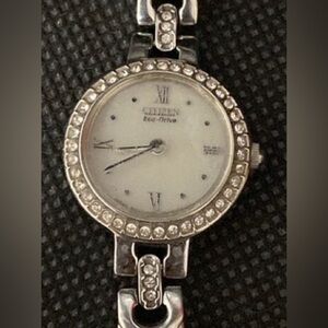 Vintage Citizen Eco-Drive Watch Silver Toned Band Round Face Rhinestones